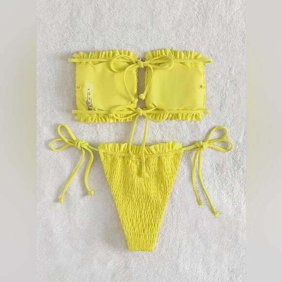 Yellow Lettuce Trim Strapless Bandeau String Bikini Size SMALL - Picture 5 of 6